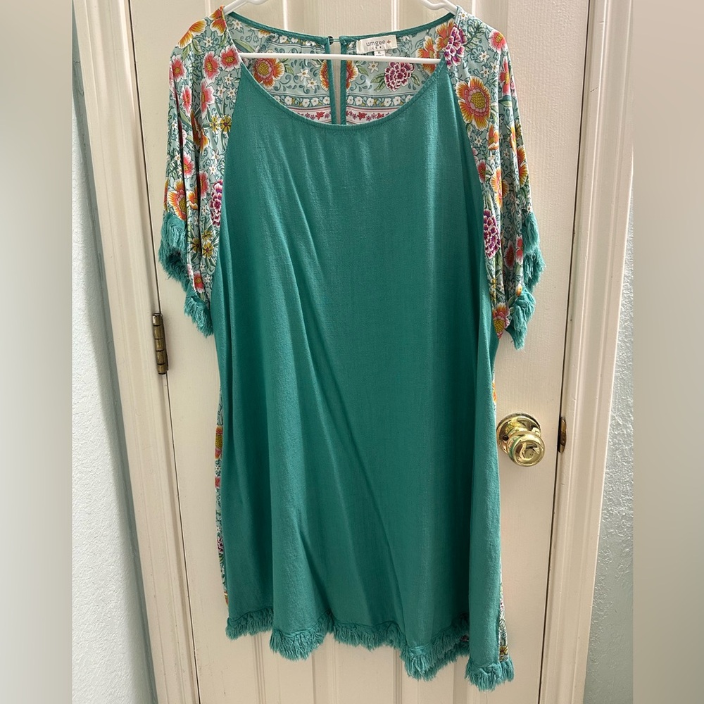 Umgee Linen Teal Dress with Floral Sleeves and Pockets